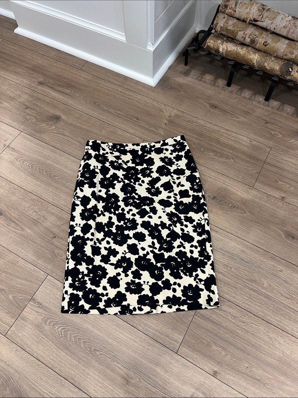 LOFT Black Floral on Cream Pencil Skirt
